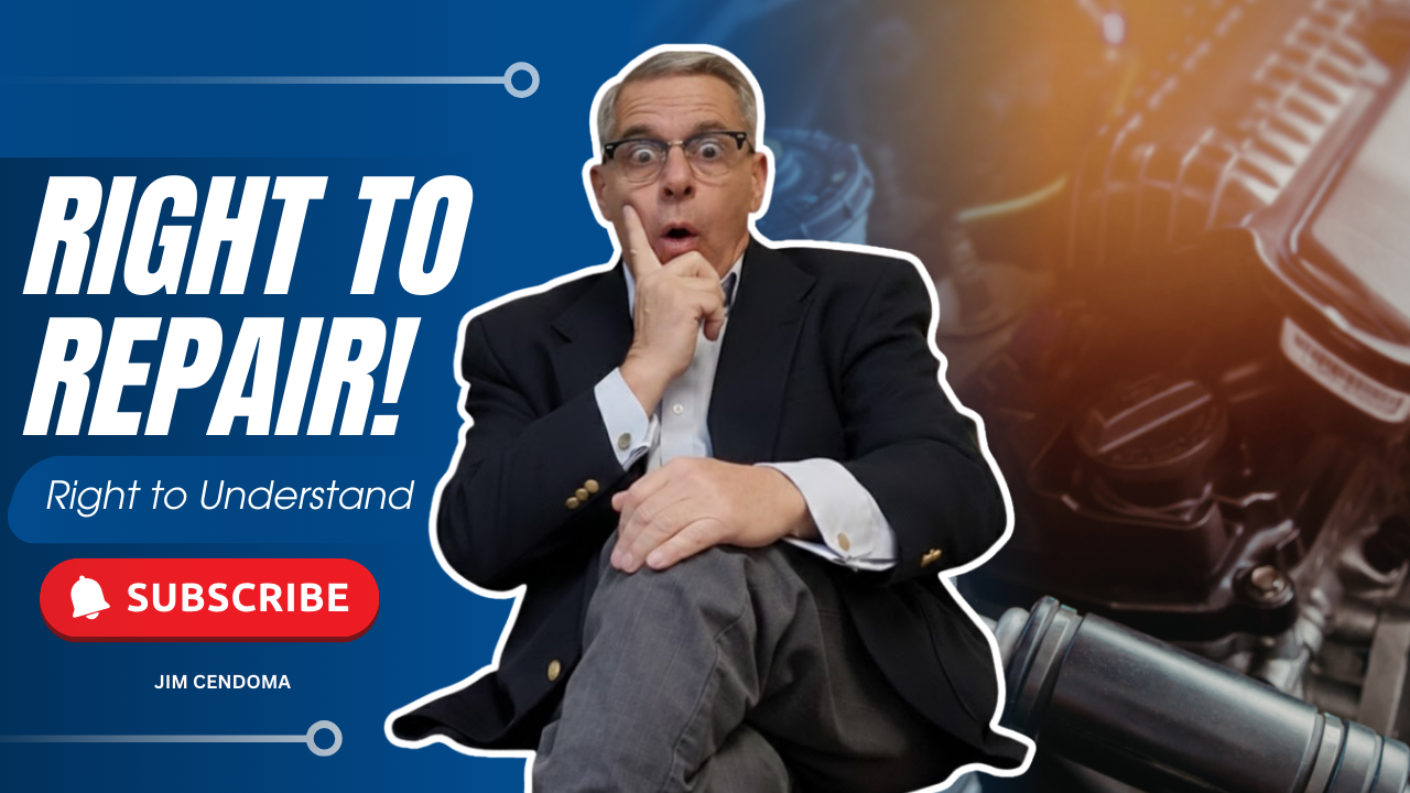 Jim Cendoma reacting thoughtfully in front of modern machinery imagery, highlighting the concept of right to repair and the importance of understanding technology behind automated systems.